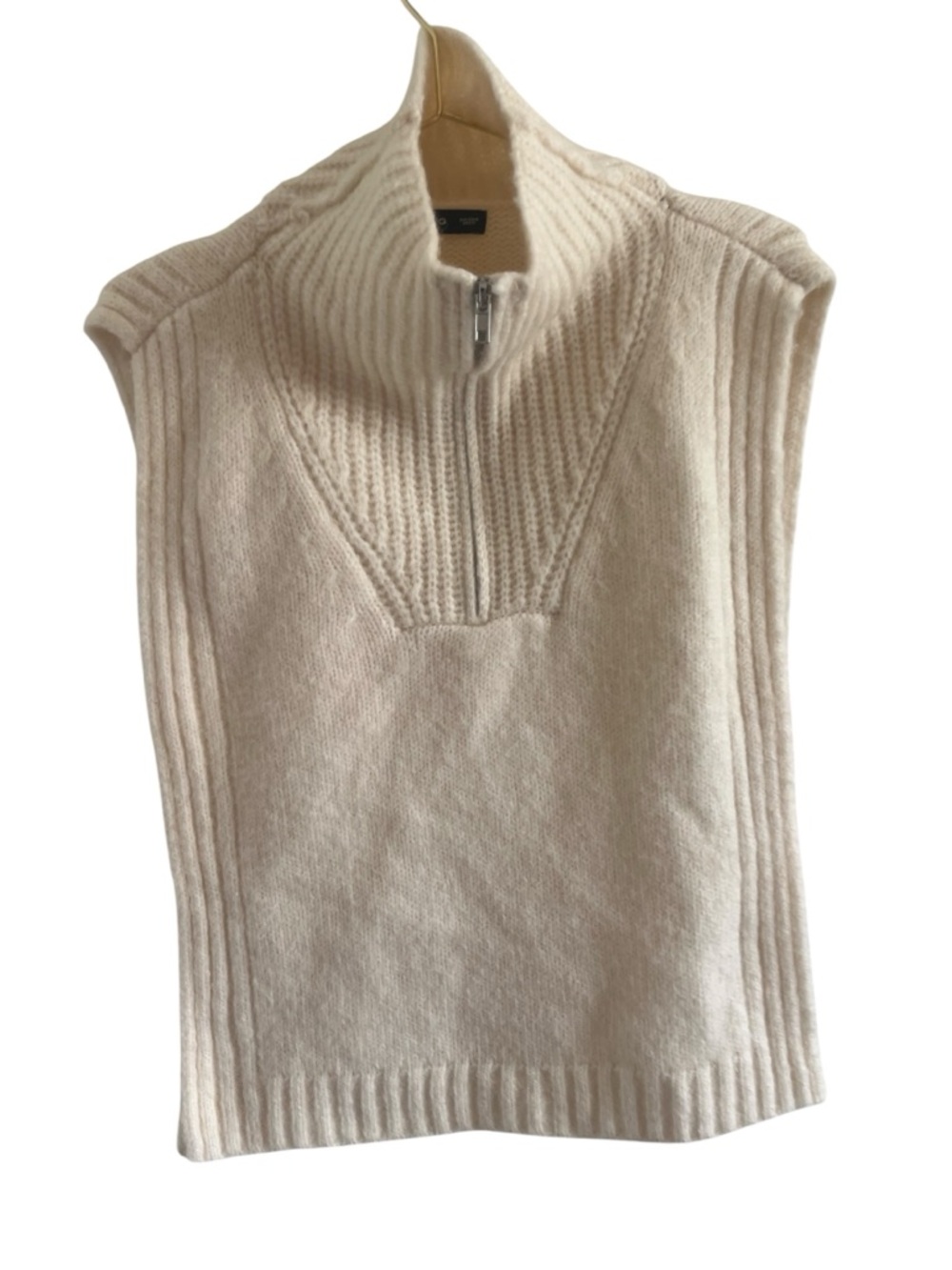 Mango Cream Zip-Neck Ribbed Knit Open Side Vest Top